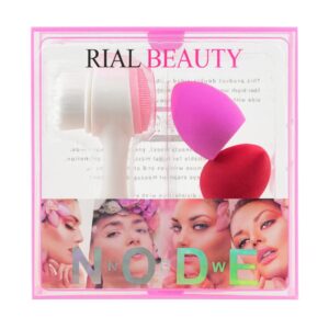 طقم مكون من اسفنجة مكياج 3 قطع وفرشاة تنظيف للوجه من ريال بيوتي ابيض / زهري