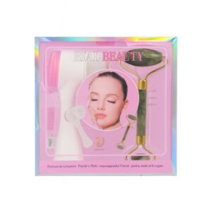 طقم مكون من فرشاة تنظيف للوجه ومساج جايد رولر من ريال بيوتي ابيض / زهري